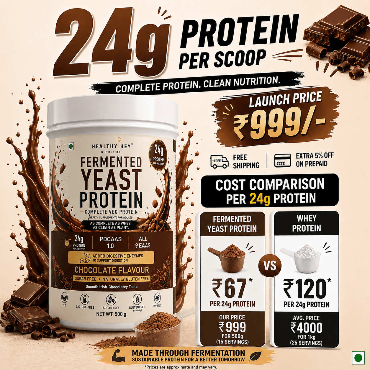 HealthyHey Sports Powder Fermented Yeast Protein Helps Muscle Protein Synthesis Supports Healthy - 500g