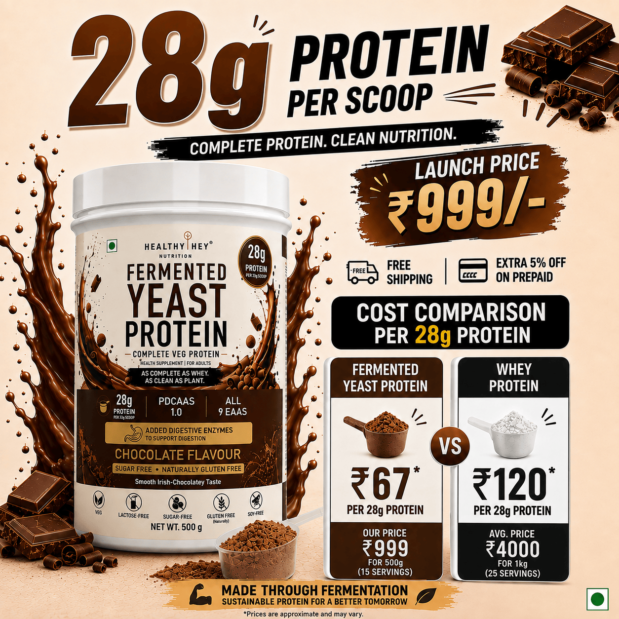 HealthyHey Sports Powder Fermented Yeast Protein Helps Muscle Protein Synthesis Supports Healthy - 500g