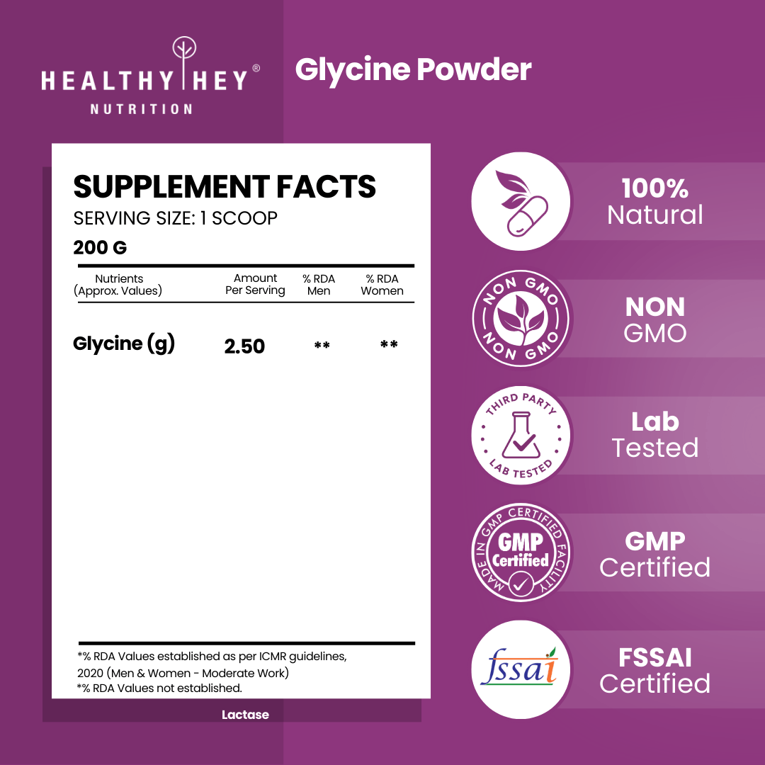 HealthyHey Sports Powder Glycine Powder, - Amino Acid Supplement - Support Muscle Health - 200 gram - 80 Servings