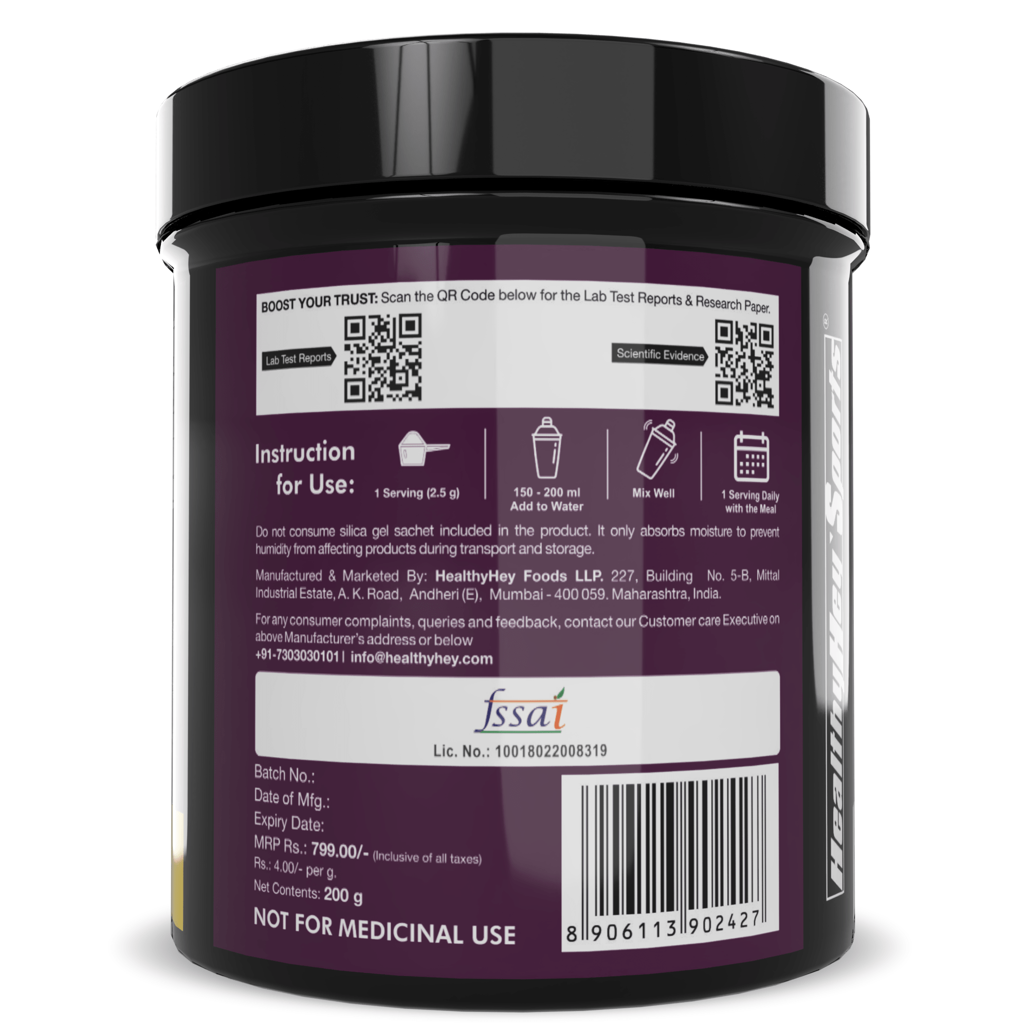 HealthyHey Sports Powder Glycine Powder, - Amino Acid Supplement - Support Muscle Health - 200 gram - 80 Servings