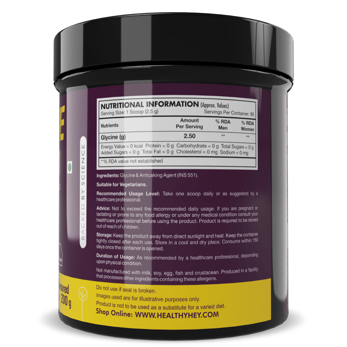 HealthyHey Sports Powder Glycine Powder, - Amino Acid Supplement - Support Muscle Health - 200 gram - 80 Servings