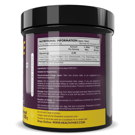HealthyHey Sports Powder Glycine Powder, - Amino Acid Supplement - Support Muscle Health - 200 gram - 80 Servings