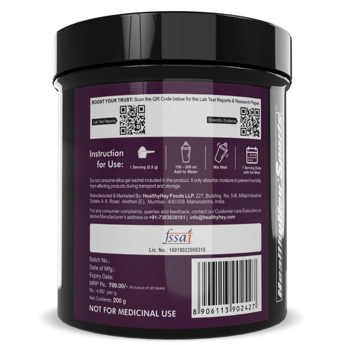 HealthyHey Sports Powder Glycine Powder, - Amino Acid Supplement - Support Muscle Health - 200 gram - 80 Servings