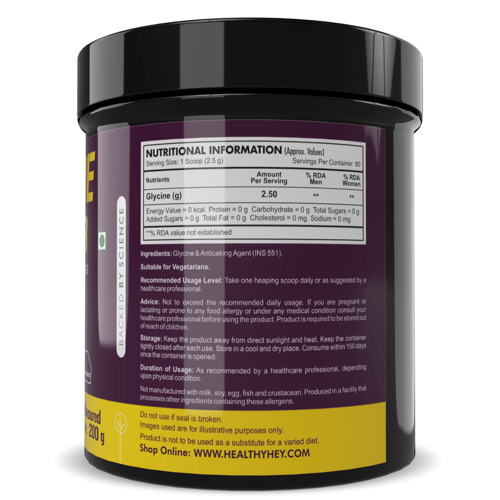 HealthyHey Sports Powder Glycine Powder, - Amino Acid Supplement - Support Muscle Health - 200 gram - 80 Servings