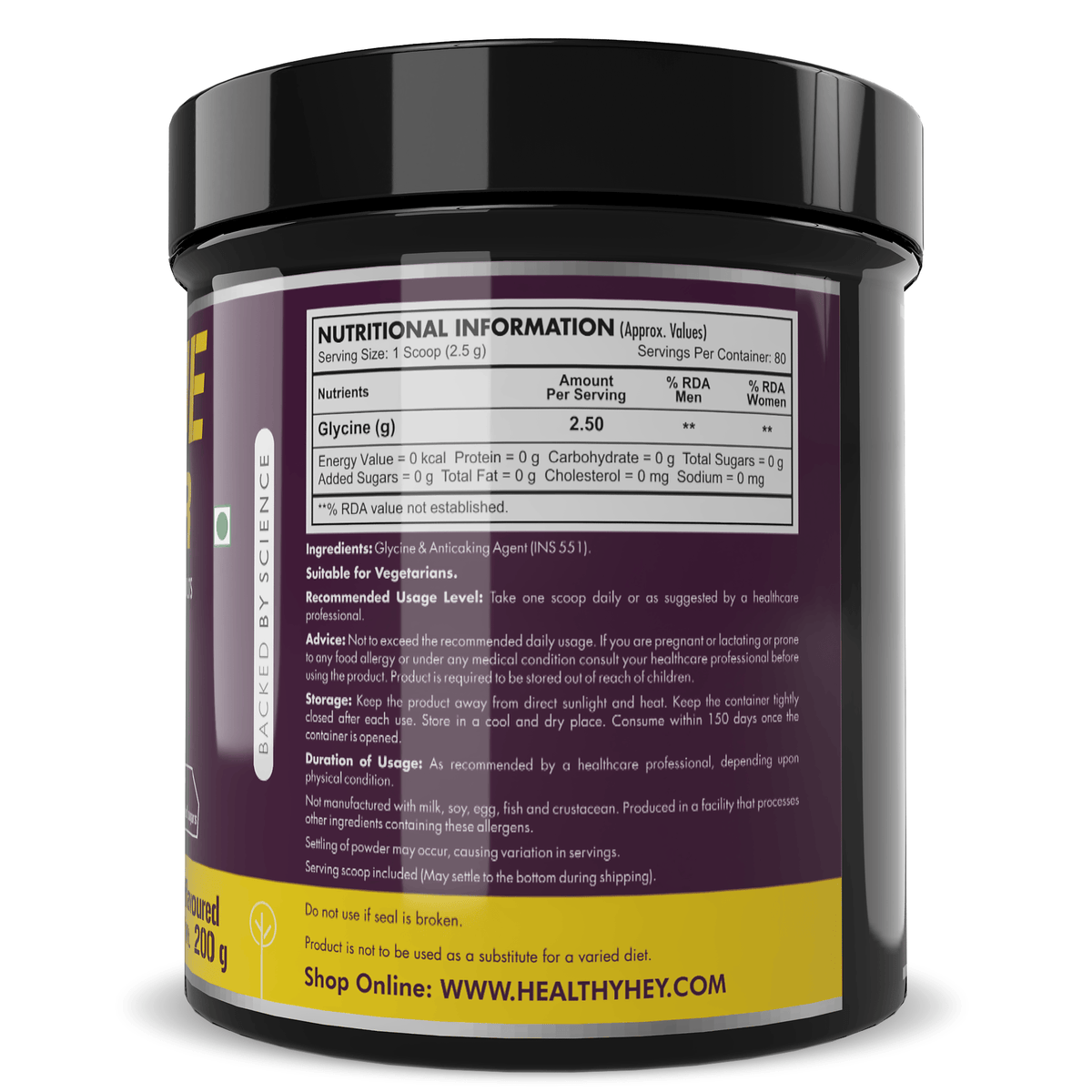 HealthyHey Sports Powder Glycine Powder, - Amino Acid Supplement - Support Muscle Health - 200 gram - 80 Servings