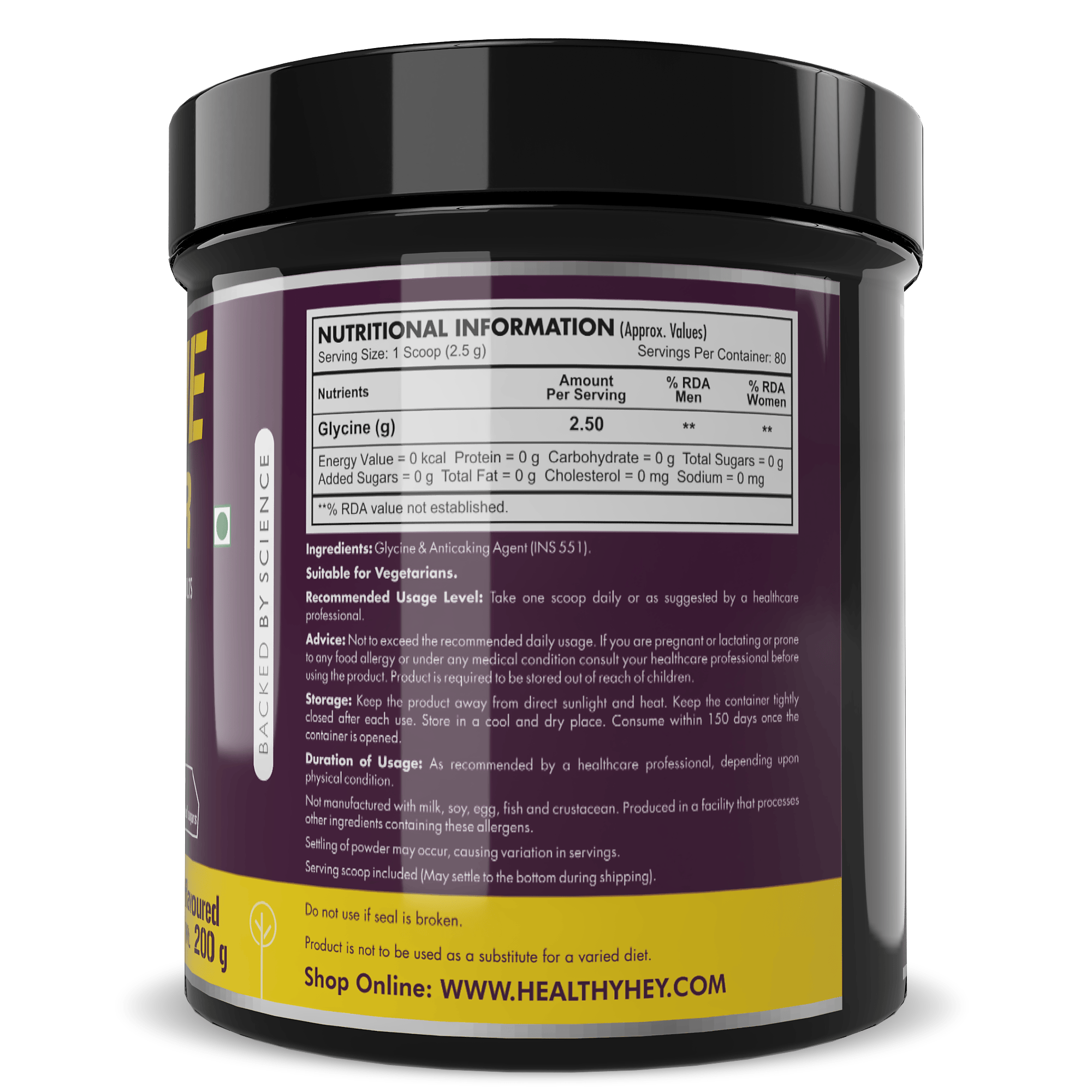 HealthyHey Sports Powder Glycine Powder, - Amino Acid Supplement - Support Muscle Health - 200 gram - 80 Servings