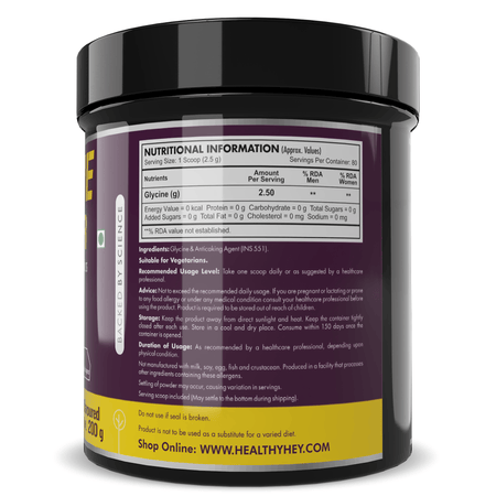 HealthyHey Sports Powder Glycine Powder, - Amino Acid Supplement - Support Muscle Health - 200 gram - 80 Servings