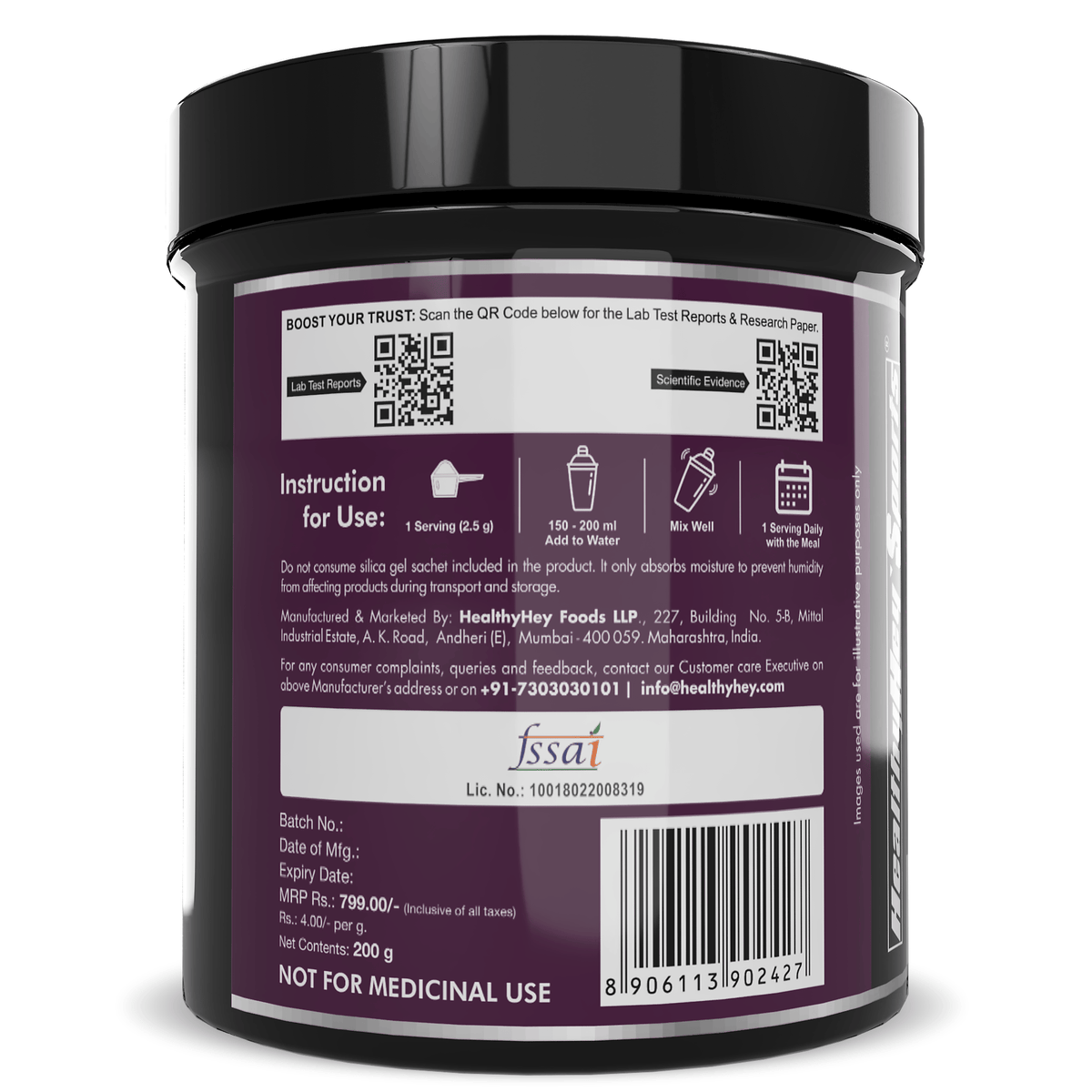 HealthyHey Sports Powder Glycine Powder, - Amino Acid Supplement - Support Muscle Health - 200 gram - 80 Servings