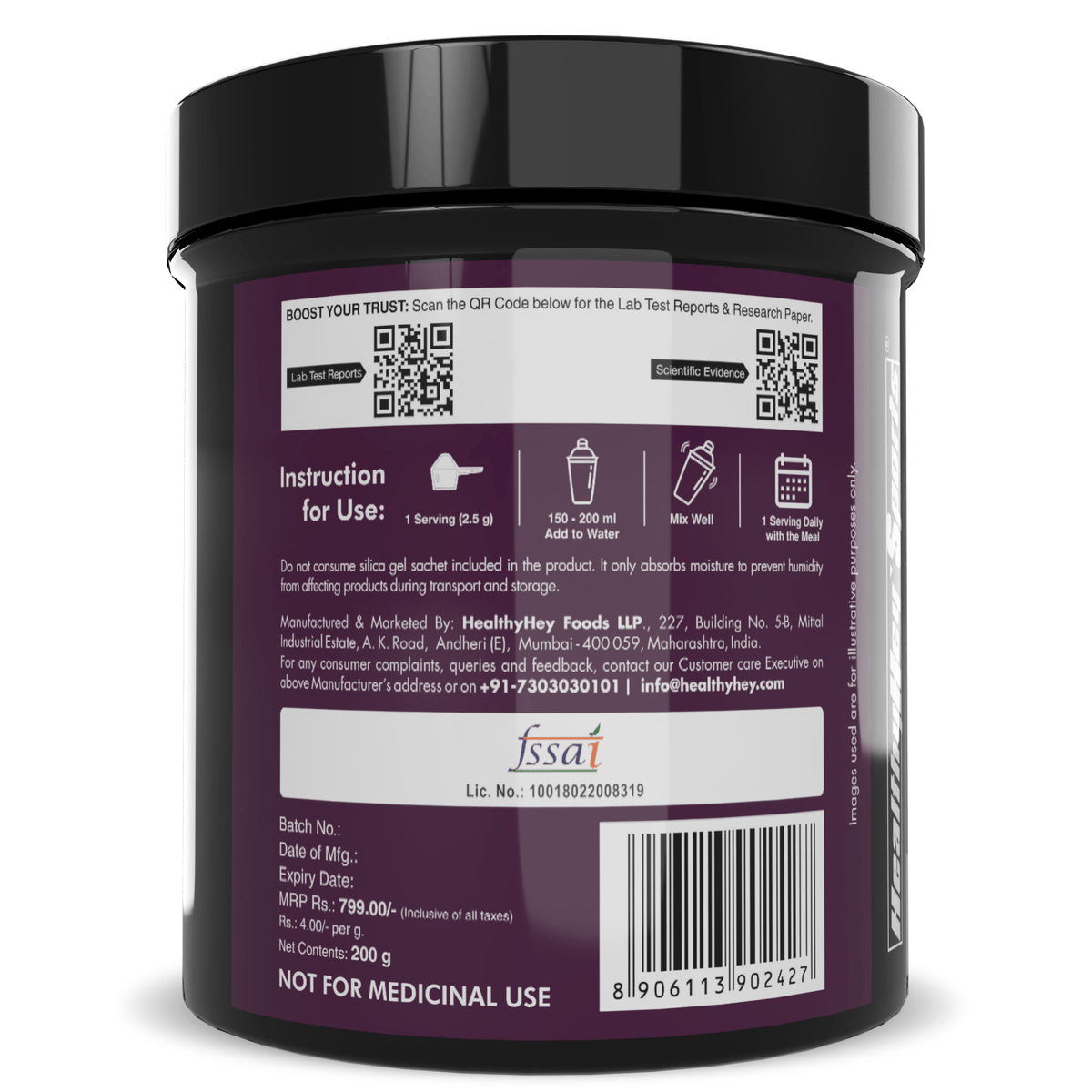 HealthyHey Sports Powder Glycine Powder, - Amino Acid Supplement - Support Muscle Health - 200 gram - 80 Servings