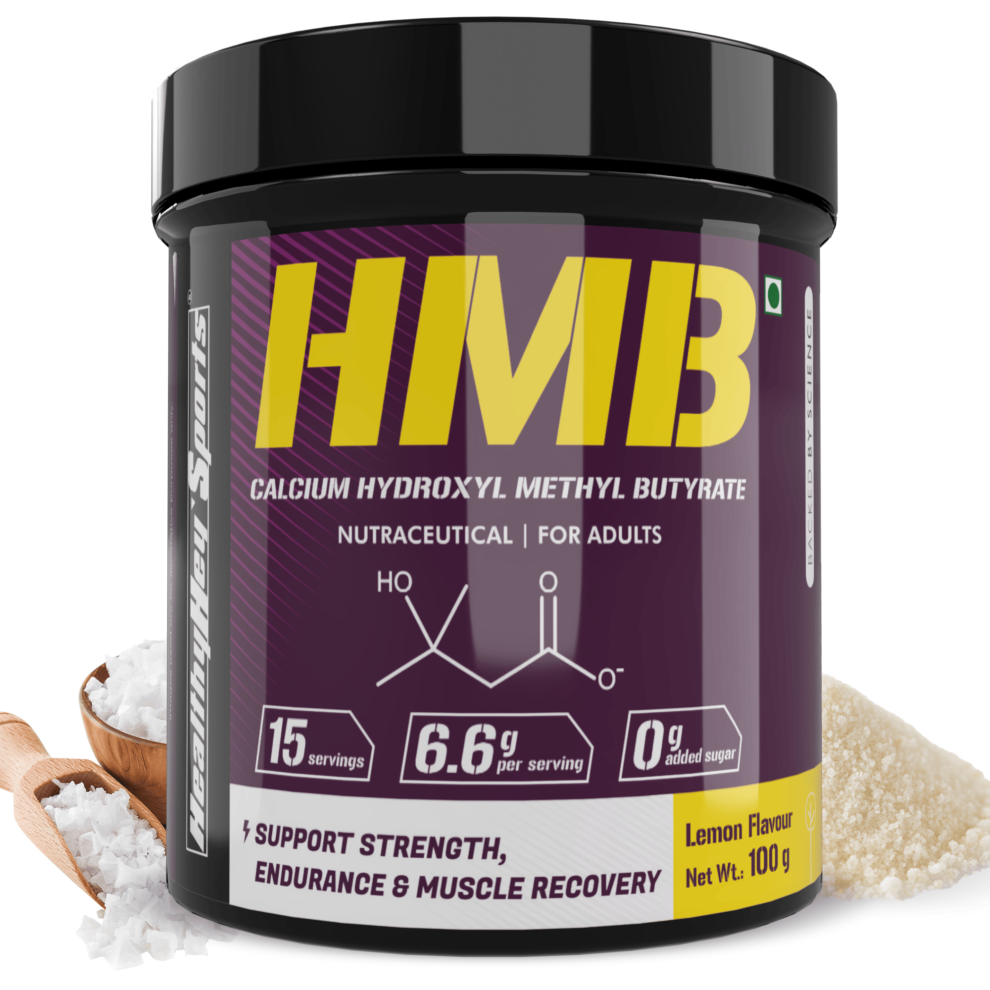 HealthyHey Sports Powder HMB Calcium,Supports Strength,endurance & muscle recovery Hydroxyl Methyl Butyrate Powder Lemon Flavour 100g