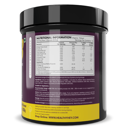 HealthyHey Sports Powder HMB Calcium,Supports Strength,endurance & muscle recovery Hydroxyl Methyl Butyrate Powder Lemon Flavour 100g