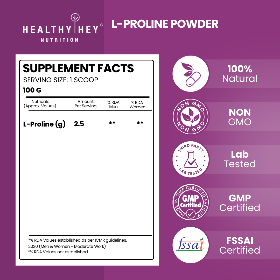 HealthyHey Sports Powder L-Proline Powder, Supports Muscle Growth & Collagen Formation, 100g Unflavoured - 40 Servings