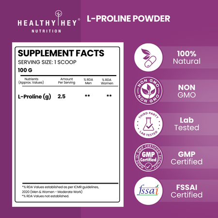 HealthyHey Sports Powder L-Proline Powder, Supports Muscle Growth & Collagen Formation, 100g Unflavoured - 40 Servings