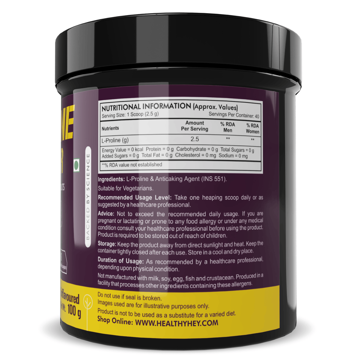 HealthyHey Sports Powder L-Proline Powder, Supports Muscle Growth & Collagen Formation, 100g Unflavoured - 40 Servings