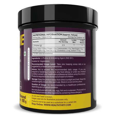 HealthyHey Sports Powder L-Proline Powder, Supports Muscle Growth & Collagen Formation, 100g Unflavoured - 40 Servings