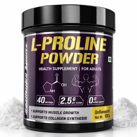 HealthyHey Sports Powder L-Proline Powder, Supports Muscle Growth & Collagen Formation, 100g Unflavoured - 40 Servings