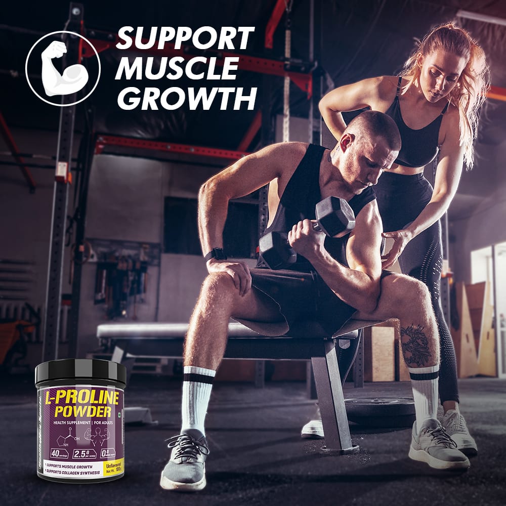 HealthyHey Sports Powder L-Proline Powder, Supports Muscle Growth & Collagen Formation, 100g Unflavoured - 40 Servings