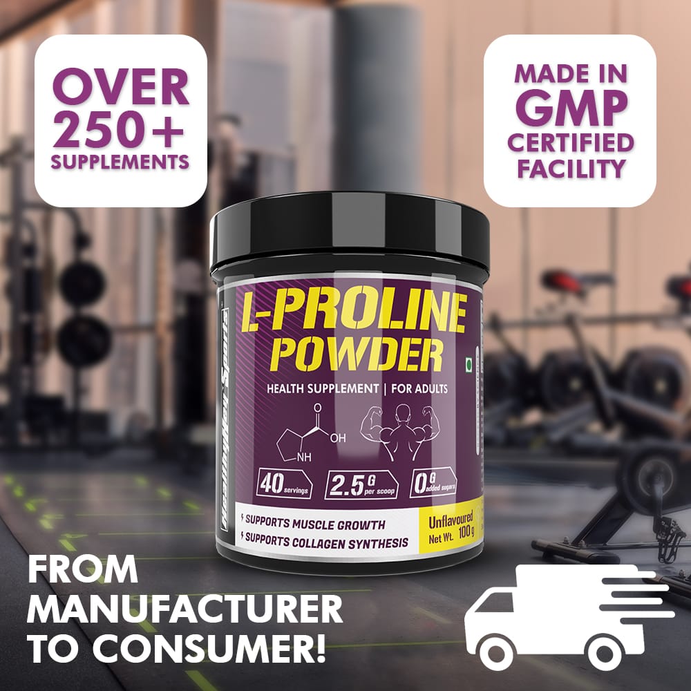 HealthyHey Sports Powder L-Proline Powder, Supports Muscle Growth & Collagen Formation, 100g Unflavoured - 40 Servings