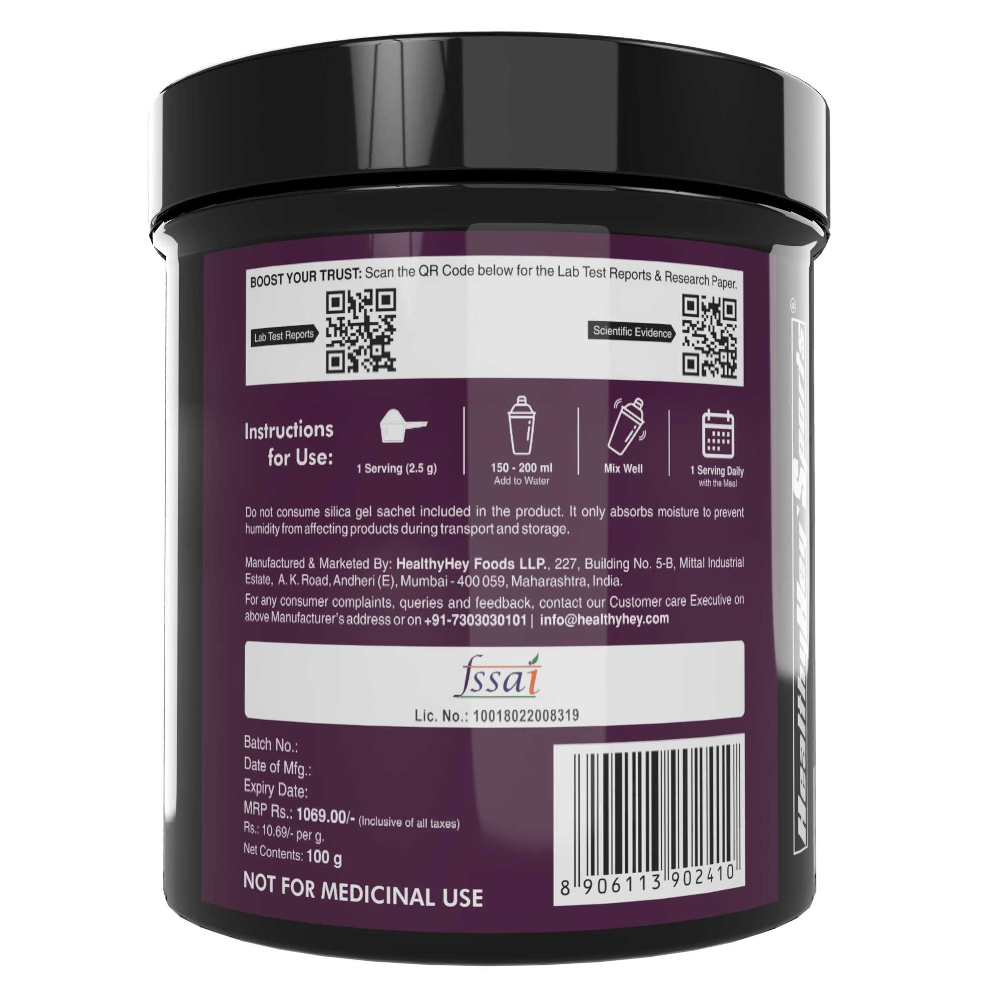 HealthyHey Sports Powder L-Proline Powder, Supports Muscle Growth & Collagen Formation, 100g Unflavoured - 40 Servings