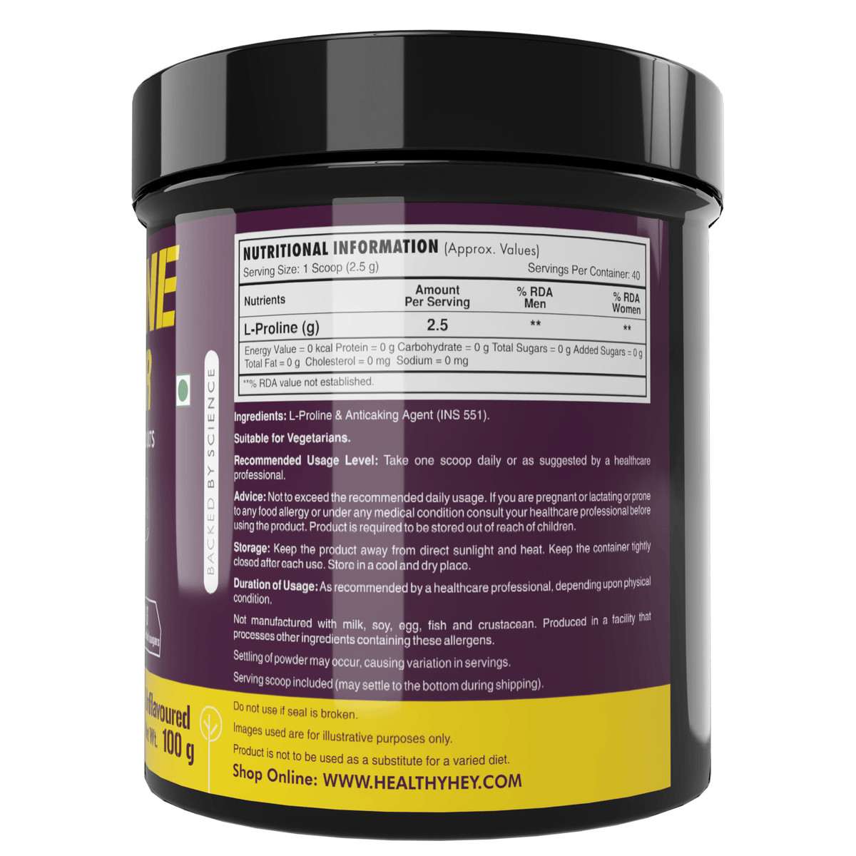 HealthyHey Sports Powder L-Proline Powder, Supports Muscle Growth & Collagen Formation, 100g Unflavoured - 40 Servings