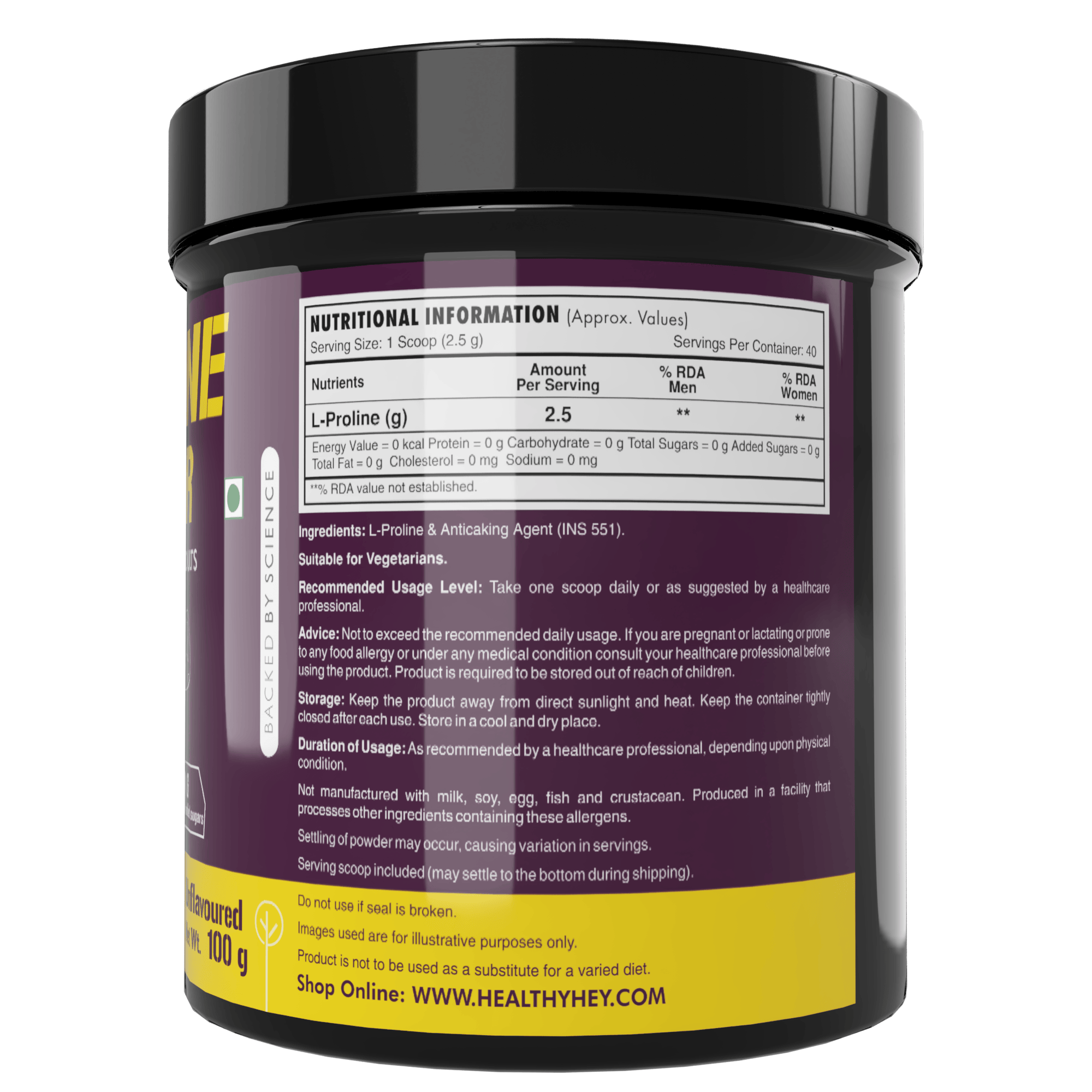 HealthyHey Sports Powder L-Proline Powder, Supports Muscle Growth & Collagen Formation, 100g Unflavoured - 40 Servings