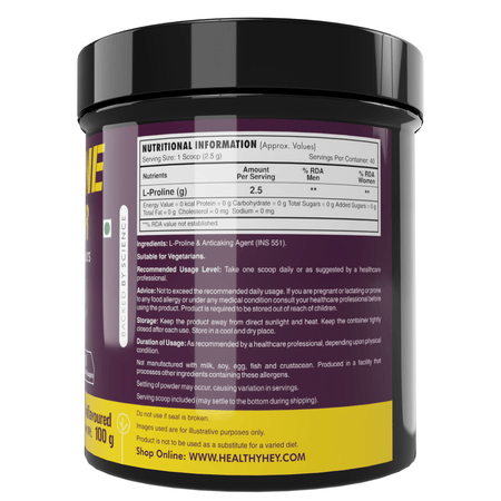 HealthyHey Sports Powder L-Proline Powder, Supports Muscle Growth & Collagen Formation, 100g Unflavoured - 40 Servings