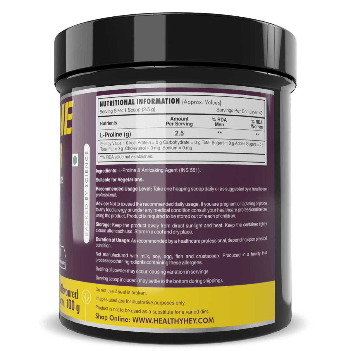 HealthyHey Sports Powder L-Proline Powder, Supports Muscle Growth & Collagen Formation, 100g Unflavoured - 40 Servings
