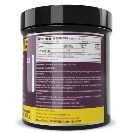 HealthyHey Sports Powder L-Proline Powder, Supports Muscle Growth & Collagen Formation, 100g Unflavoured - 40 Servings