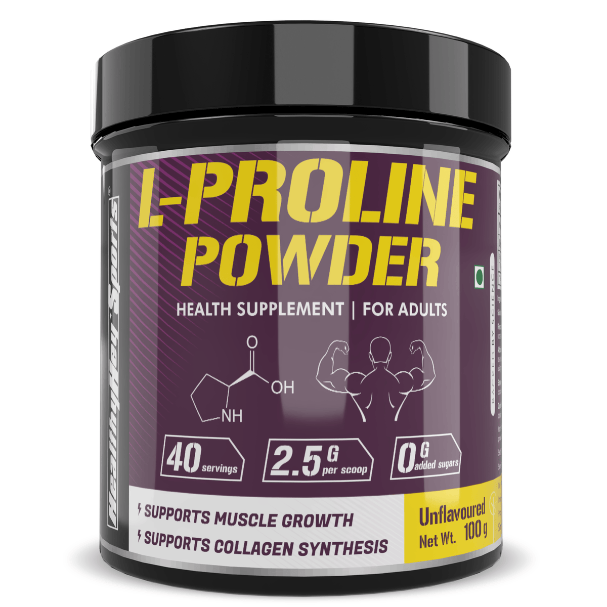 HealthyHey Sports Powder L-Proline Powder, Supports Muscle Growth & Collagen Formation, 100g Unflavoured - 40 Servings