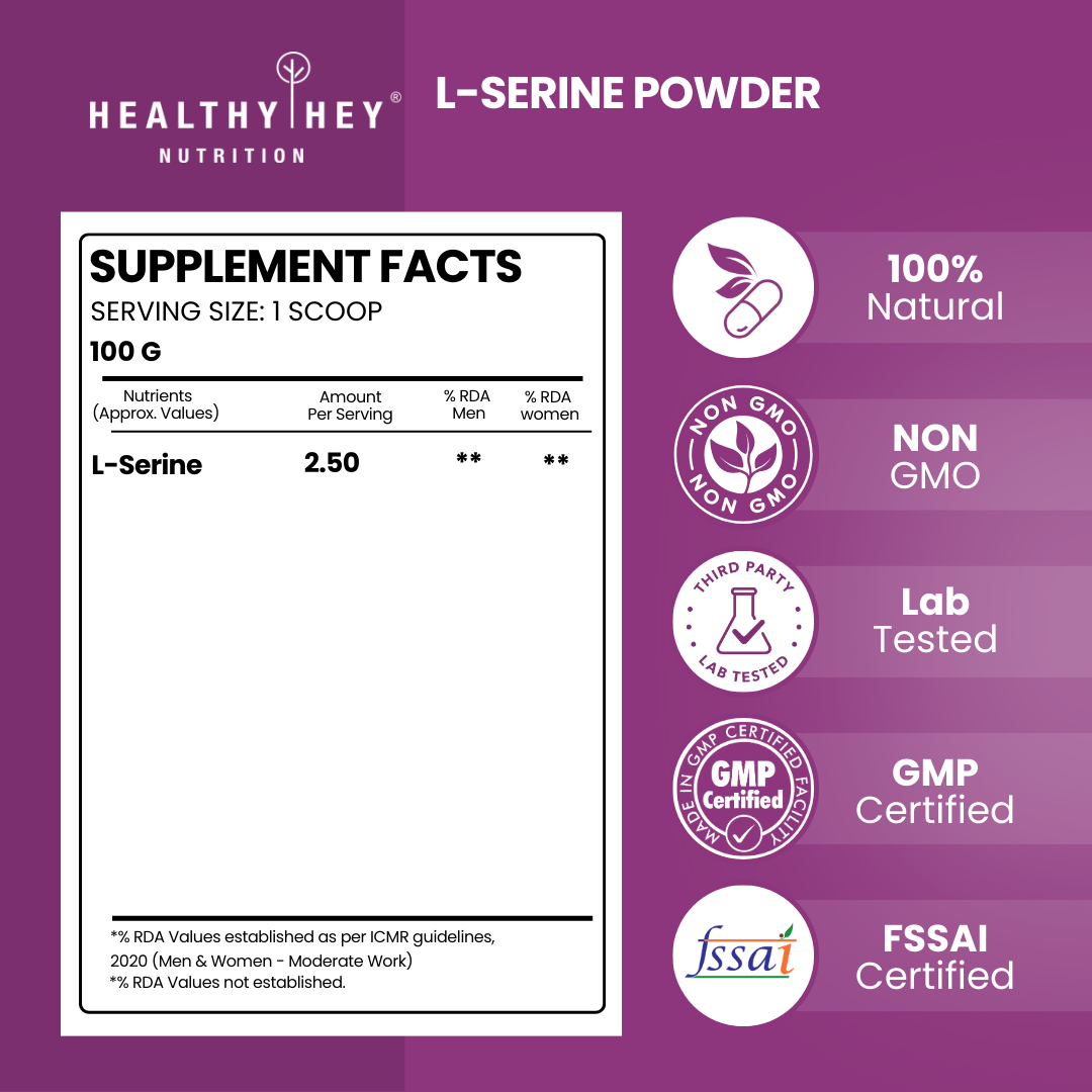 HealthyHey Sports Powder L-Serine Powder, Support Brain Health - 100g - Unflavoured