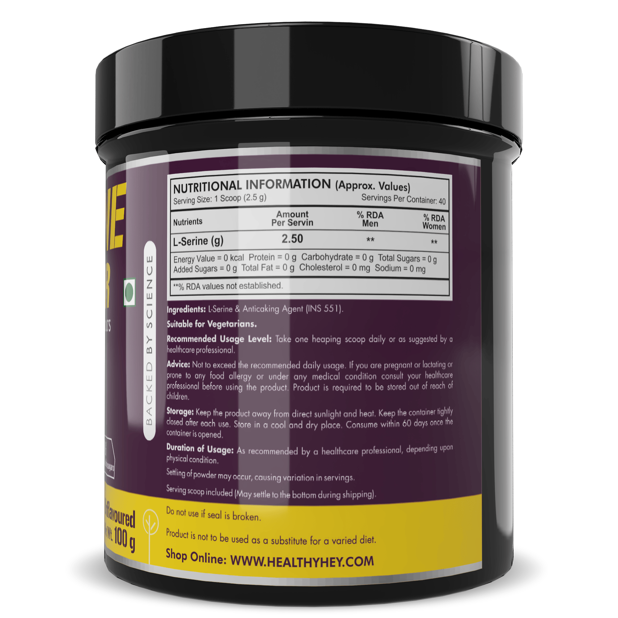 HealthyHey Sports Powder L-Serine Powder, Support Brain Health - 100g - Unflavoured