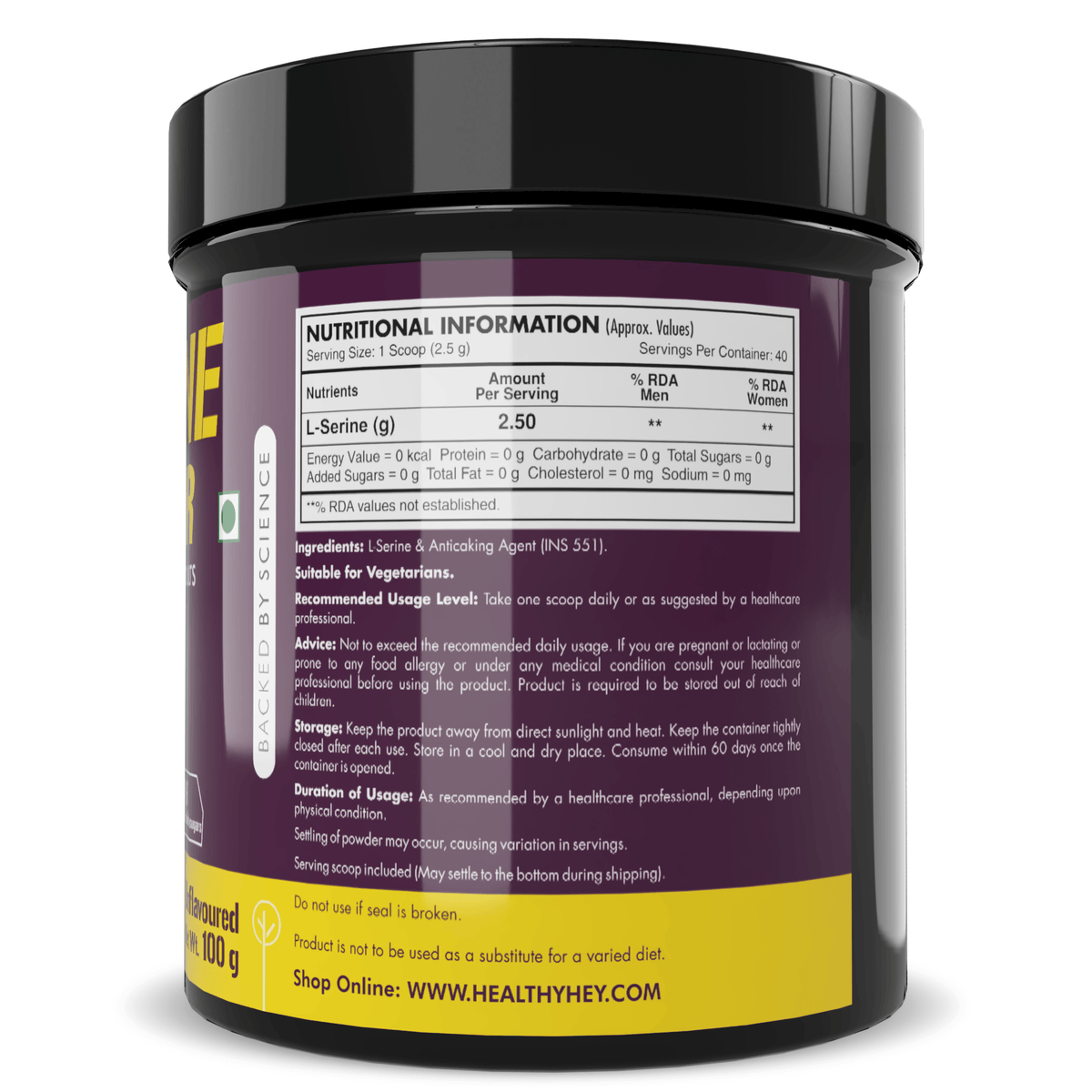 HealthyHey Sports Powder L-Serine Powder, Support Brain Health - 100g - Unflavoured