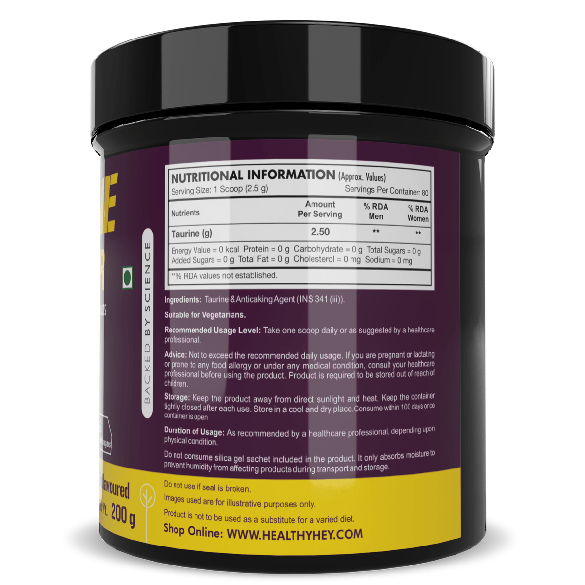 HealthyHey Sports Powder Taurine Powder, Support Muscle Recovery -Amino Acid Supplement - Improve Performance & Helps Recovery - 200 gram - 80 Servings