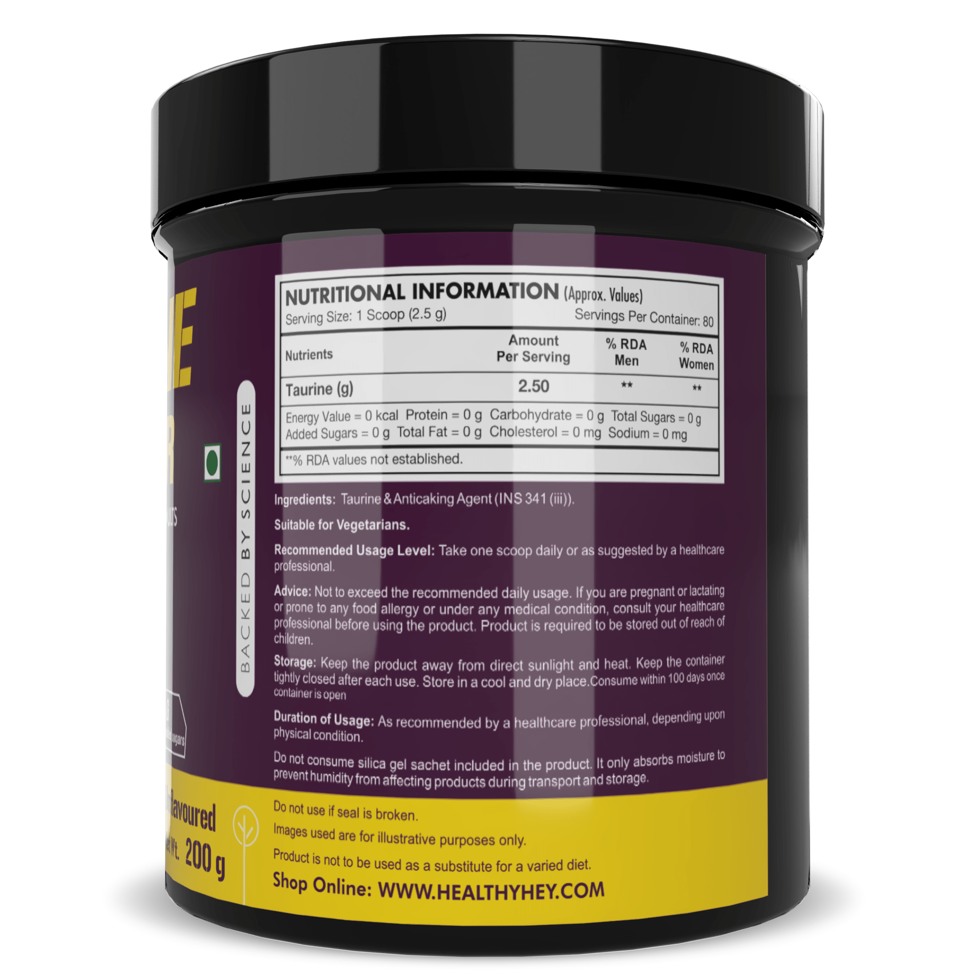 HealthyHey Sports Powder Taurine Powder, Support Muscle Recovery -Amino Acid Supplement - Improve Performance & Helps Recovery - 200 gram - 80 Servings