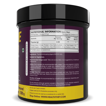 HealthyHey Sports Powder Taurine Powder, Support Muscle Recovery -Amino Acid Supplement - Improve Performance & Helps Recovery - 200 gram - 80 Servings