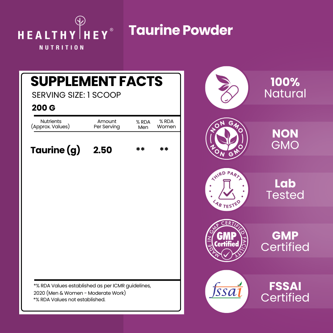 HealthyHey Sports Powder Taurine Powder, Support Muscle Recovery -Amino Acid Supplement - Improve Performance & Helps Recovery - 200 gram - 80 Servings