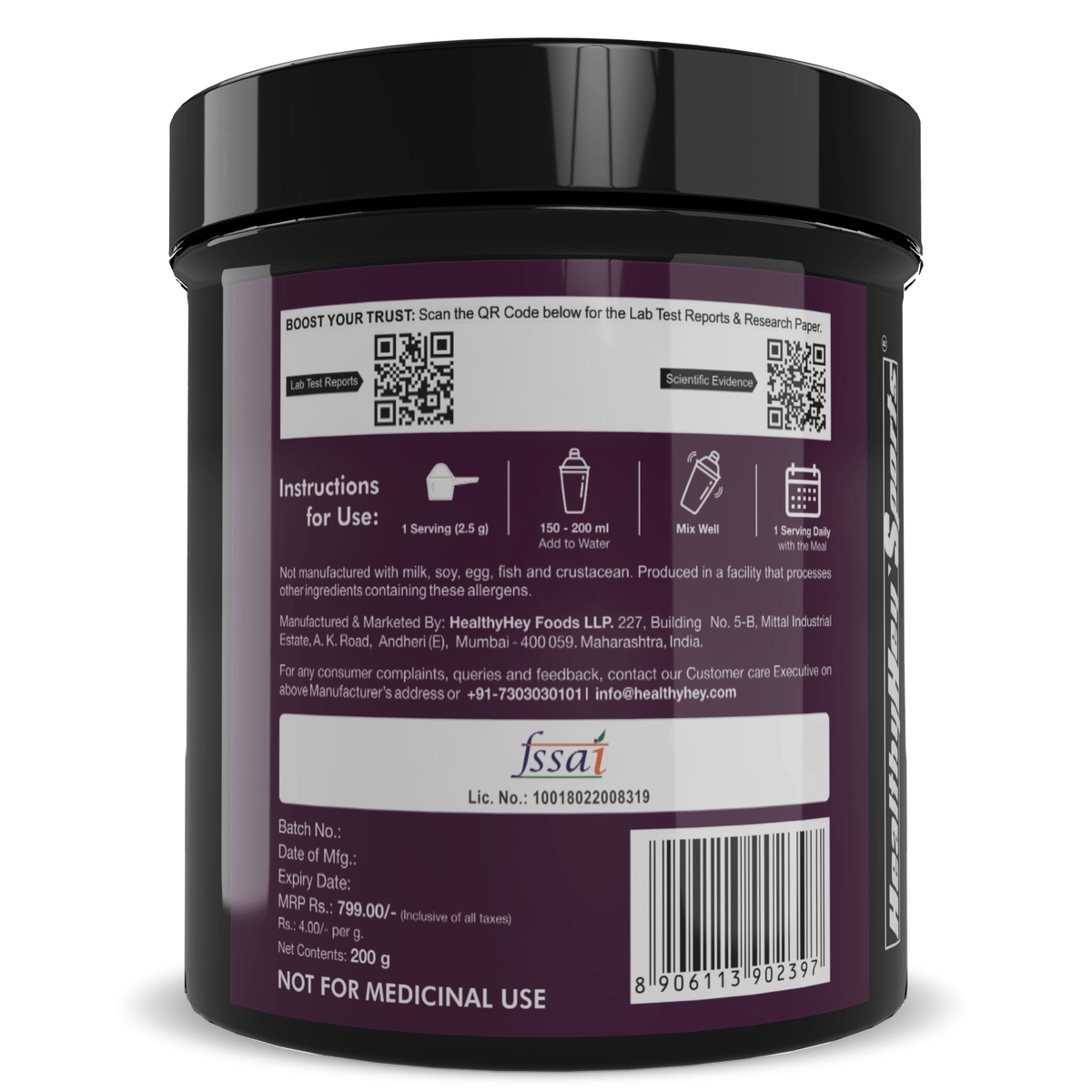 HealthyHey Sports Powder Taurine Powder, Support Muscle Recovery -Amino Acid Supplement - Improve Performance & Helps Recovery - 200 gram - 80 Servings