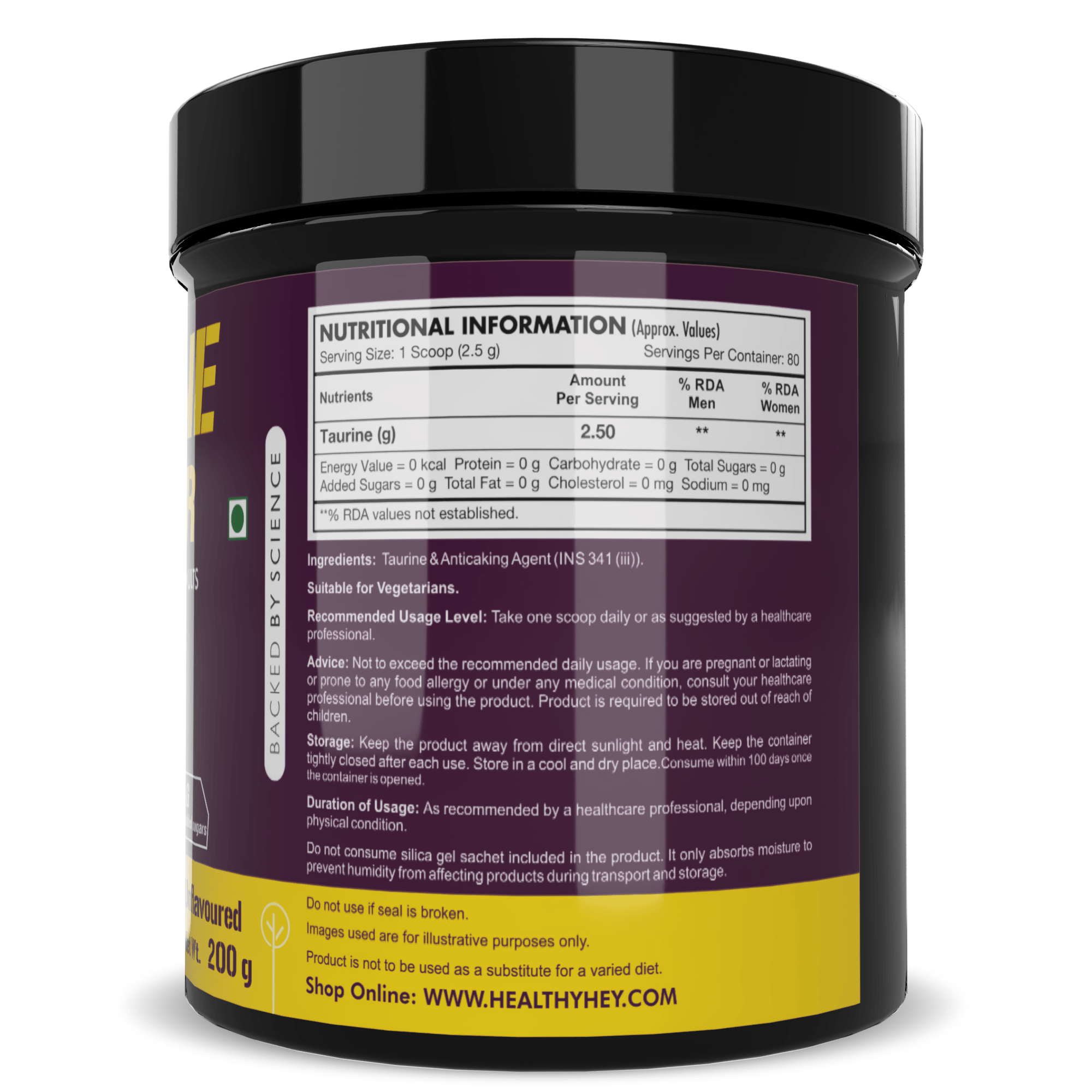 HealthyHey Sports Powder Taurine Powder, Support Muscle Recovery -Amino Acid Supplement - Improve Performance & Helps Recovery - 200 gram - 80 Servings