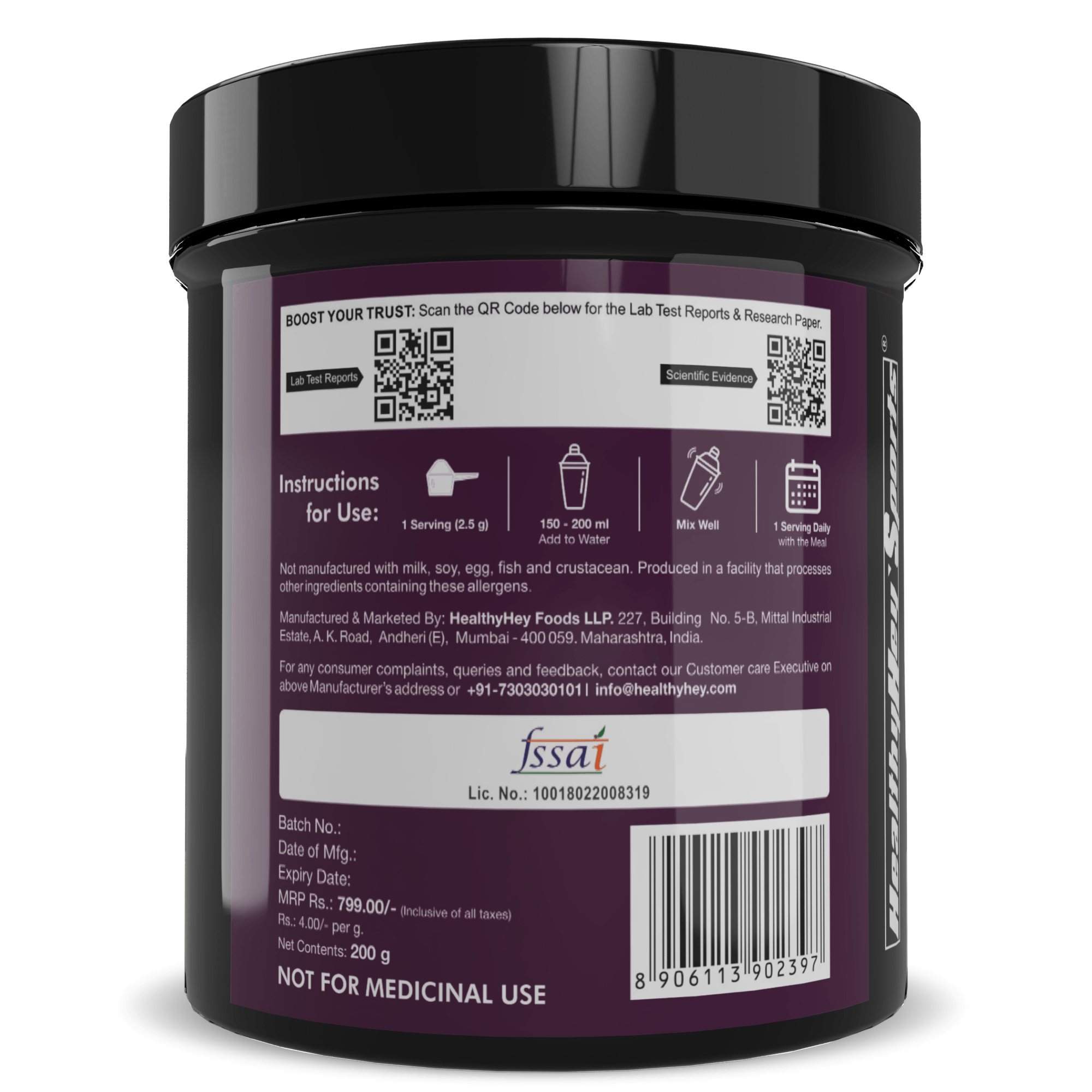 HealthyHey Sports Powder Taurine Powder, Support Muscle Recovery -Amino Acid Supplement - Improve Performance & Helps Recovery - 200 gram - 80 Servings