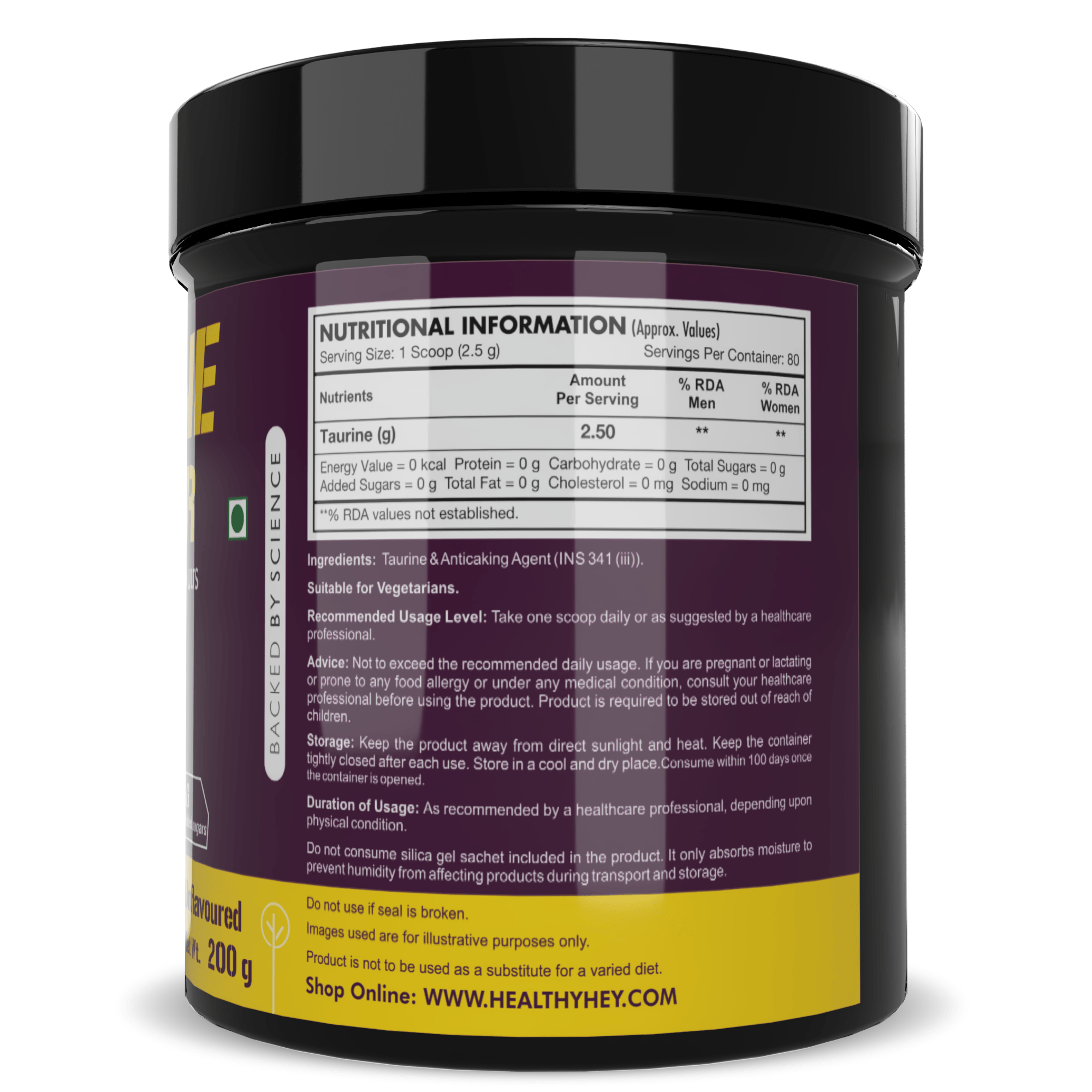 HealthyHey Sports Powder Taurine Powder, Support Muscle Recovery -Amino Acid Supplement - Improve Performance & Helps Recovery - 200 gram - 80 Servings