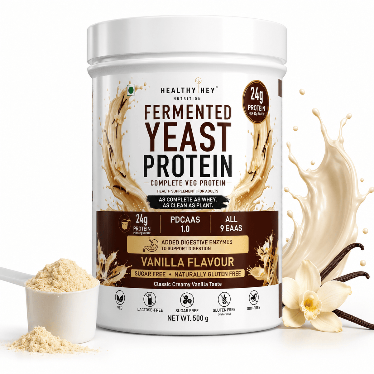HealthyHey Sports Powder Vanilla Fermented Yeast Protein Helps Muscle Protein Synthesis Supports Healthy - 32g Per Serving