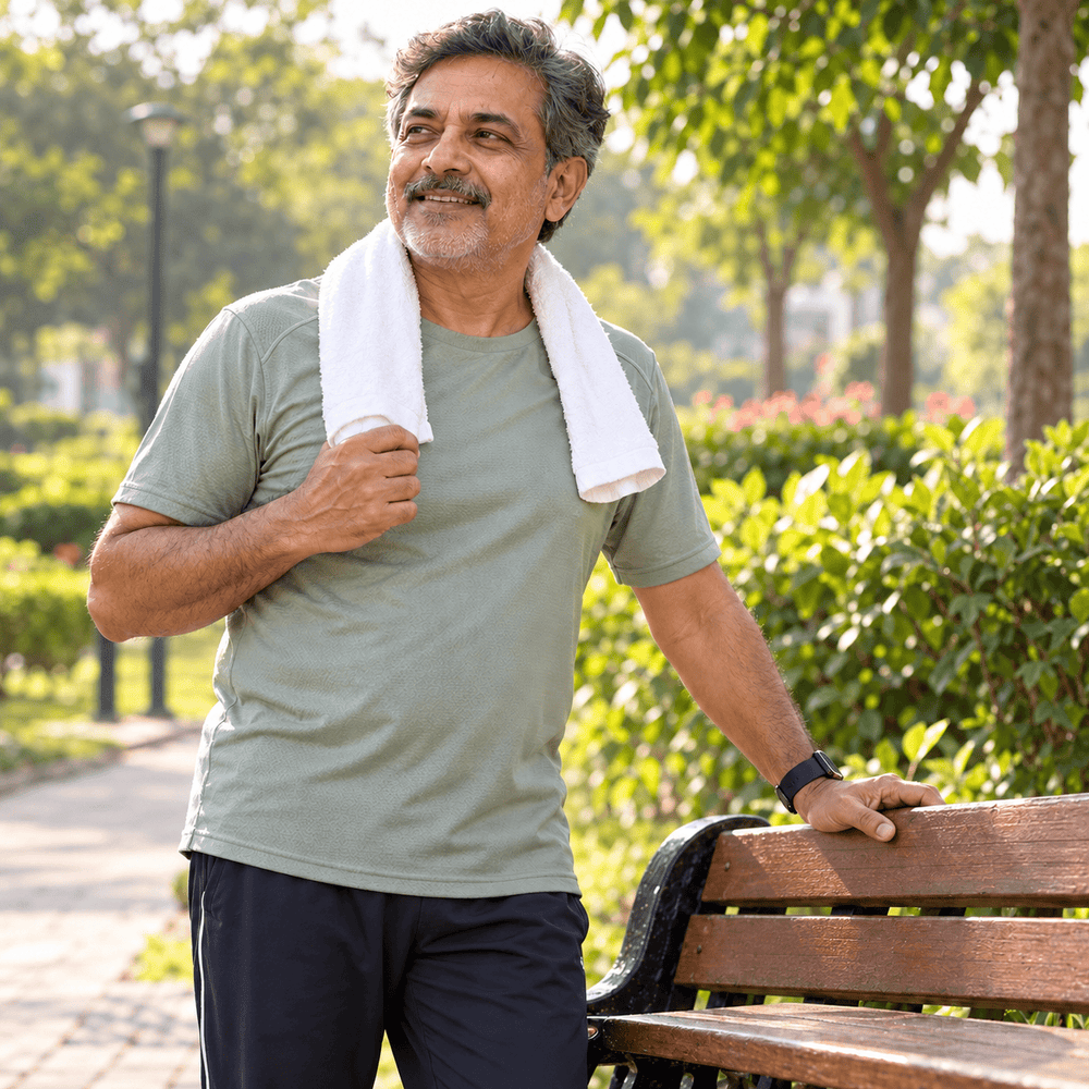Man pausing beside a garden bench after a morning walk.