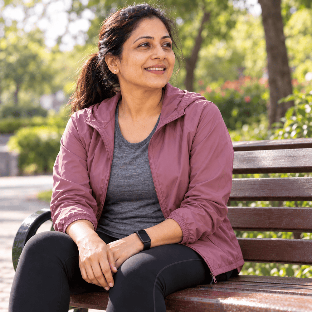 Woman resting on a garden bench after a walk.