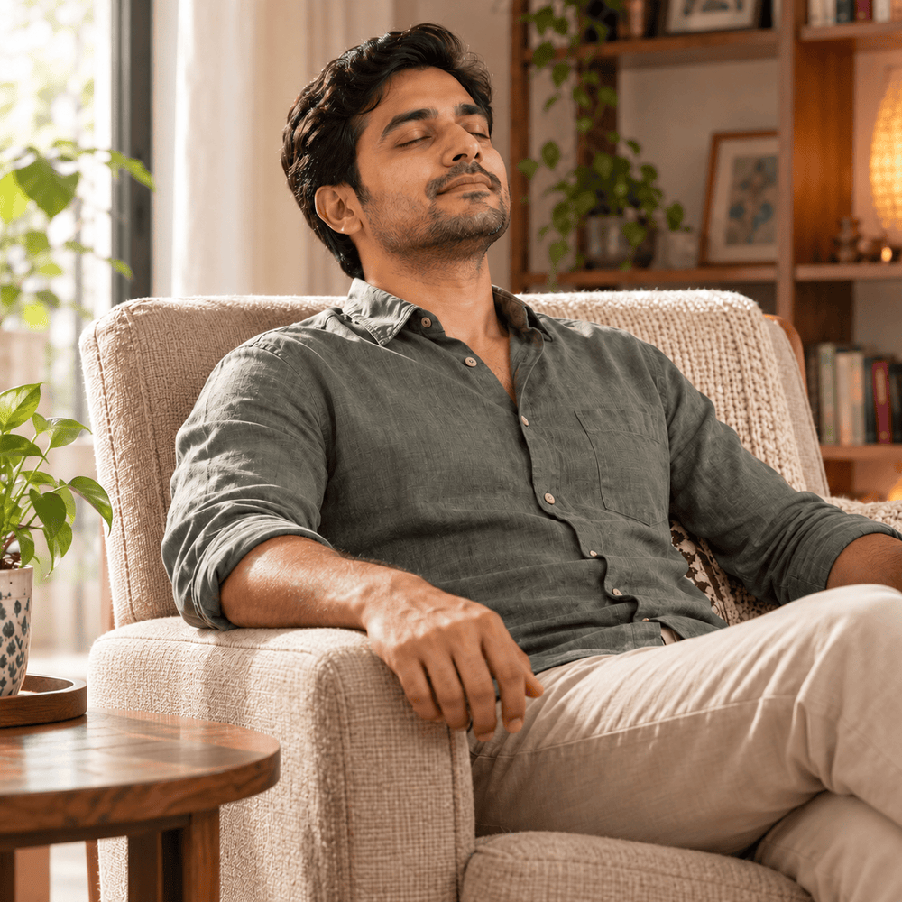 Man relaxing in an armchair in a quiet living room.