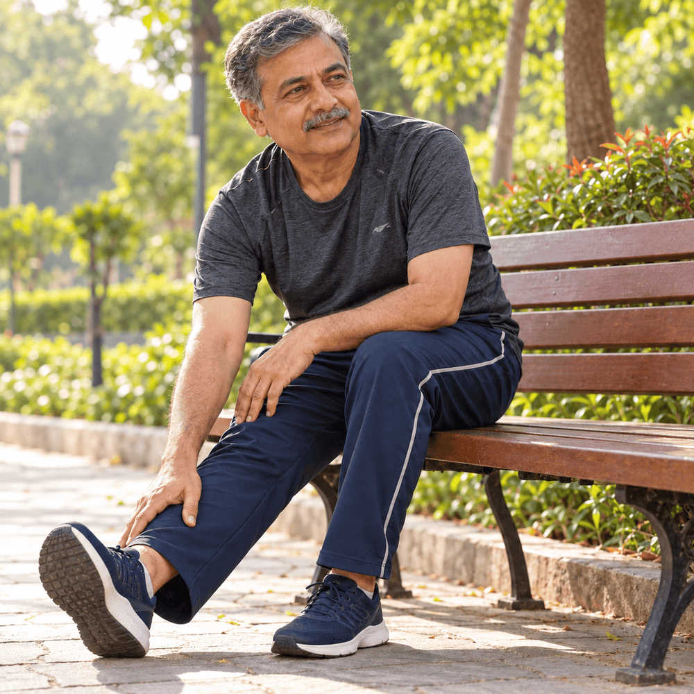 Older man stretching gently on a garden bench.