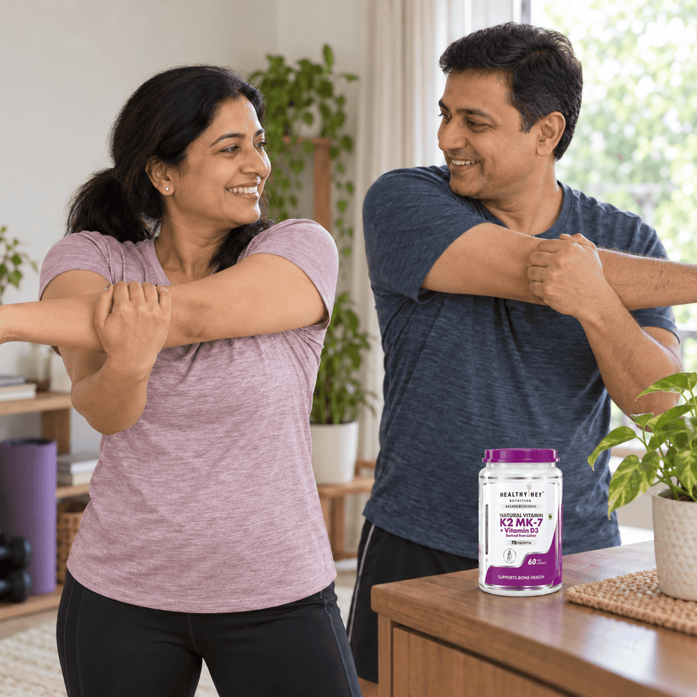 HealthyHey Vitamin D3 and K2 60-capsule bottle beside adults stretching