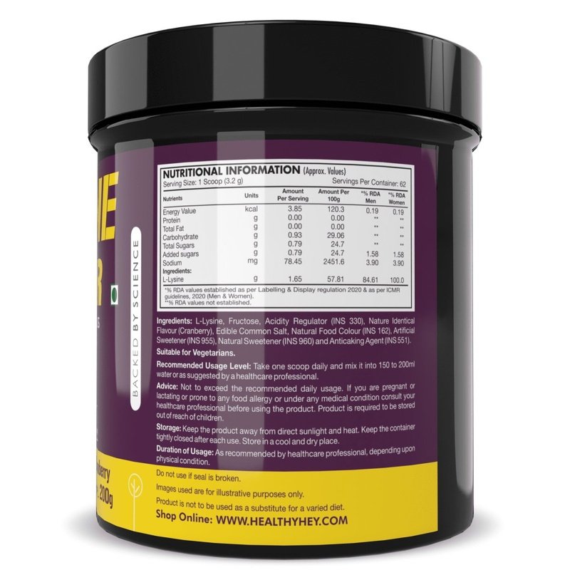 L-Lysine Powder,Supports Calcium Absorption - Cranberry Flavoured - 200g - HealthyHey Nutrition